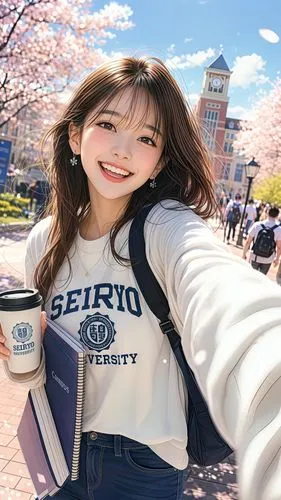 a vibrant anime illustration of an energetic 19-year-old college student girl, fully alive with youthful exuberance and a perpetual smile, rendered in 4K with the finest quality.,a woman is standing o