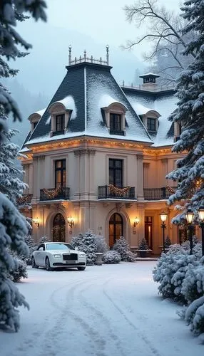 Snow-covered luxury mansion in a French neoclassical style, surrounded by a serene winter landscape. The mansion features a light cream facade with intricate columns, ornate moldings, and tall arched 
