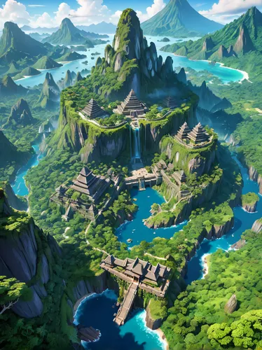 mountain world,meteora,polynesia,floating islands,ancient city,kei islands,mountain settlement,islands,harau,fantasy landscape,flying island,an island far away landscape,mountainous landscape,mountain