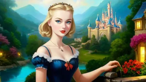 Romantic masterpiece oil painting, cute girl portrait, nostalgic 1950's style kitsch, breathtaking beautiful Disney kingdom landscape, majestic fantasy scenery, evening lighting, highly detailed highr
