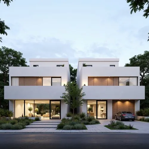 Generar un render realista de dos viviendas pareadas en estilo minimalista, con una fachada blanca lisa y detalles sutiles en hormigón y madera natural. La volumetría de las viviendas debe ser geométr