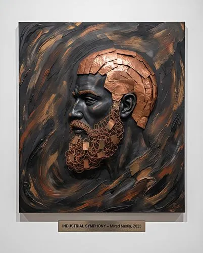 A captivating abstract artwork featuring a man's profile with a coal-colored face and intricate copper wire beard. His unique copper plate hairstyle adds a mechanical touch to the portrait. The striki