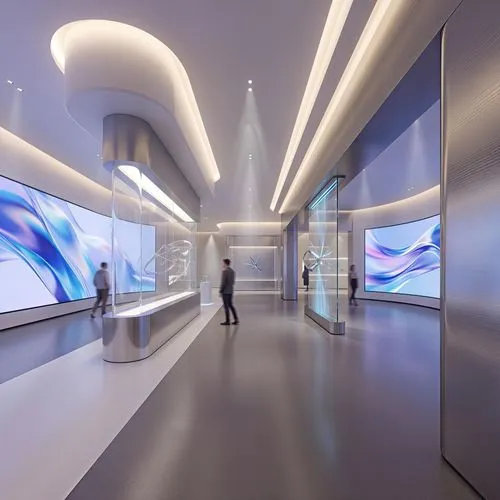 futuristic brand exhibition hall, immersive experience space, large LED curved screens, interactive installations, minimalistic architecture, white and metallic materials, soft ambient lighting, volum