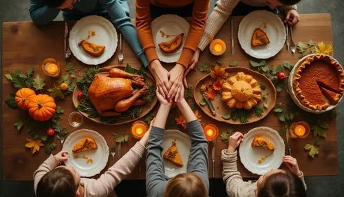 Capture a flat-lay of a family praying and holding hands over a Thanksgiving table, featuring a feast with roasted turkey, pumpkin pie, Autumn food, and candles on a wooden table, shot with a top-down