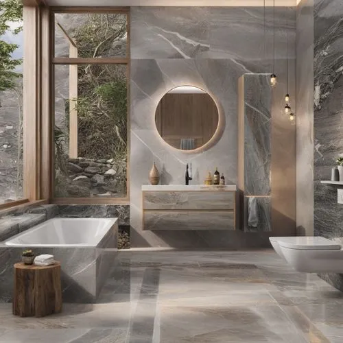 a fancy and modern bathroom is shown in grey tones,luxury bathroom,modern minimalist bathroom,bath room,marble texture,ceramic floor tile,natural stone,bathtub,bathroom,tub,soapstone,interior modern d