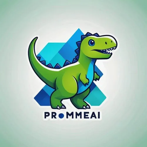 Logo for Promeai on the theme of a green dinosaur with blue outlines, in the style of playful geometry, pixel perfect,store icon,logo header,social logo,primeval times,biosamples icon,logodesign,compa