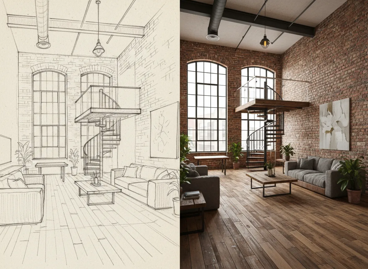 एक सरल स्केच को विस्तृत ईंट और लकड़ी की बनावट वाले यथार्थवादी इंडस्ट्रियल लॉफ़्ट में बदलते हुए दिखाने वाली साथ-साथ तुलना।