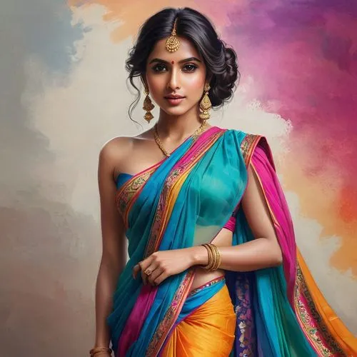 A beautiful 26 year old woman in a flowing, colorful sari. Low cut. Flirty.
,a painting of a girl in indian clothing,sarees,sari,sonam,tirunal,paithani saree,vaanii,saree,vaani,wedding saree,pallu,chi