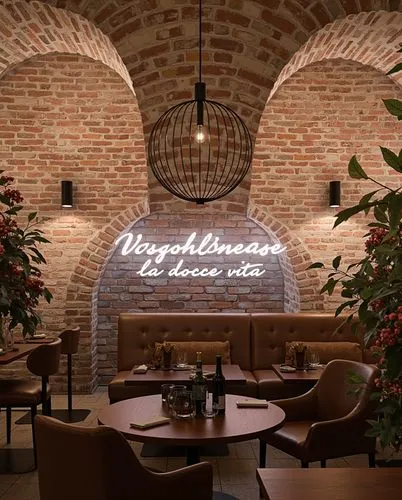 Design a stylish brick-wall dining space with curved arches, incorporating a modern industrial vibe. Include leather seating, a circular wireframe chandelier, and neon signage with the phrase "la dolc
