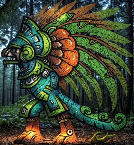 an ornate statue in the middle of the forest,fairy peacock,phoenix rooster,peacock,neon body painting,tribal,forest dragon