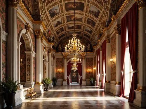 Intricate stone carvings, ornate marble columns, gilded domes, vibrant mosaics, golden accents, ornamental arches, elaborate frescoes, richly patterned textiles, luxurious velvet drapes, grandiose cha