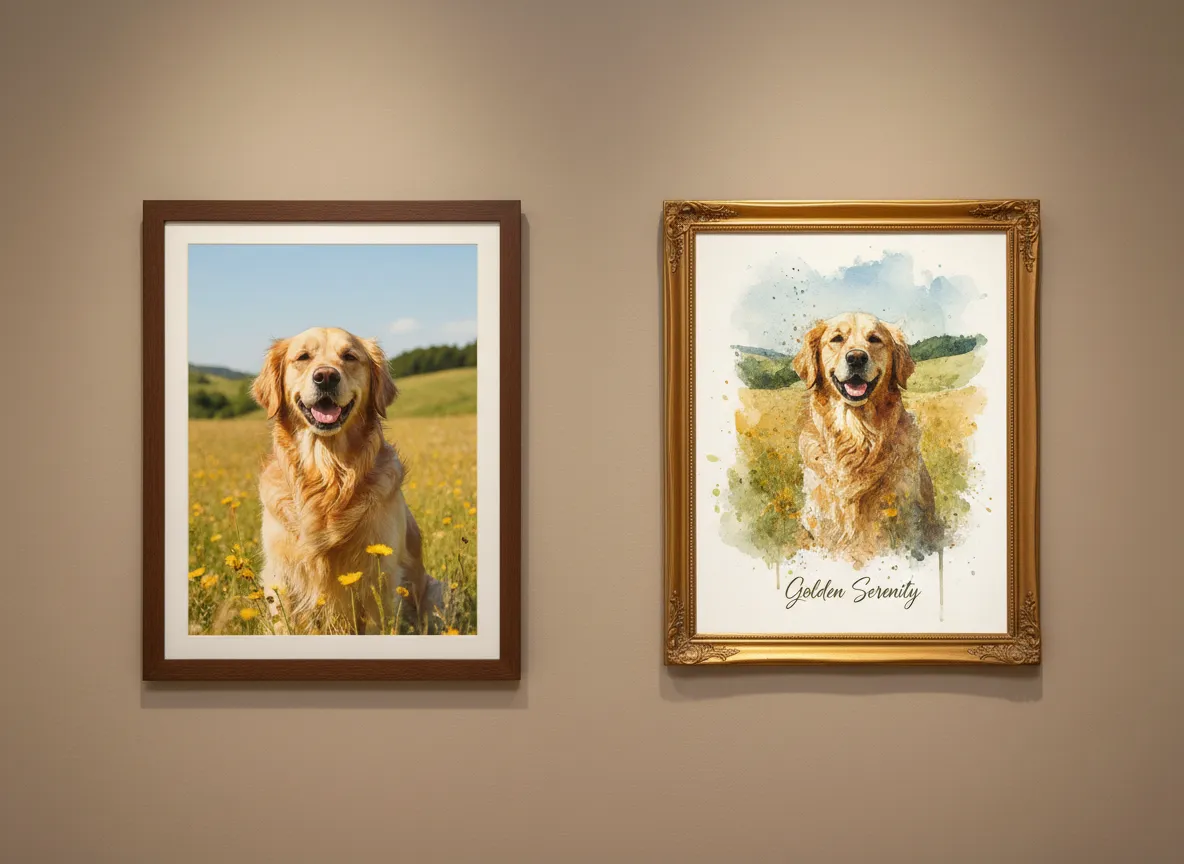 Confronto affiancato che mostra una fotografia di un cane a sinistra e uno splendido manifesto ad acquerello generato dall'AI dello stesso cane a destra.