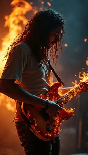realistic guitarist plays with a burning guitar,a man holding a guitar with a lot of fire coming out,fire artist,flame of fire,fire eater,guitar solo,firebrand,fire dancer,pyromania,guitarist,headbang