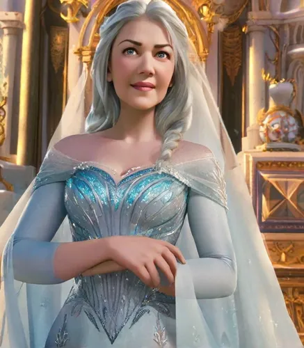 Ice queen (Elsa:1.3) in Disney animation movie Frozen. Ice queen, wears a gown in a stunning shade of ice blue, evoking a sense of elegance and enchantment. a fitted bodice with long sleeves, often ma