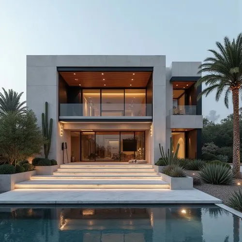 A hyper-realistic, high-resolution architectural photograph capturing a grand, ultra-modern luxury mansion at twilight. The building’s façade is composed of smooth white stone panels contrasted with s