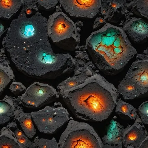 roccia spaccata nera con all'interno minerali  fluorescenti,a number of rocks with different colored lighting on it,lava stones,colored stones,stone background,lava balls,colored rock,lava,solidified 