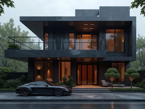 There's a supercar close by,  A luxurious, ultra-modern, three-story mansion with a sleek, dark marble facade and prominent vertical columns, situated in a refined, upscale residential setting. The ex