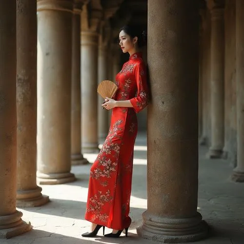 a woman wearing red clothing standing near columns,oriental princess,lady in red,oriental girl,a floor-length dress,red gown,geisha girl,orientalist,oriental,evening dress,man in red dress,stately,sum