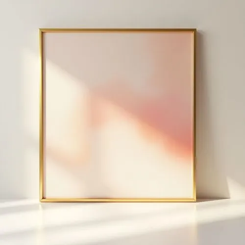 delicate elegant painting on white wall,pastel colors and gold and pink, simple slim gold frame, frontview, horizontal
,a light beige square shaped mirror in a gold frame,copper frame,framed paper,gol
