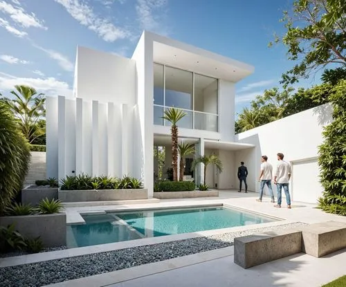 A photo-realistic rendering of a modern, minimalist white house with a contemporary design. the house is situated in a well-manicured garden with a small, rectangular swimming pool in the center. the 