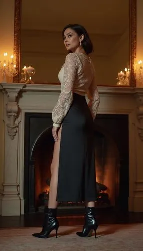 A chic dinner outfit with a lace top, satin midi skirt, and pointed-toe boots. She’s waiting by a grand fireplace in a historic hotel, radiating a sophisticated evening elegance.





















