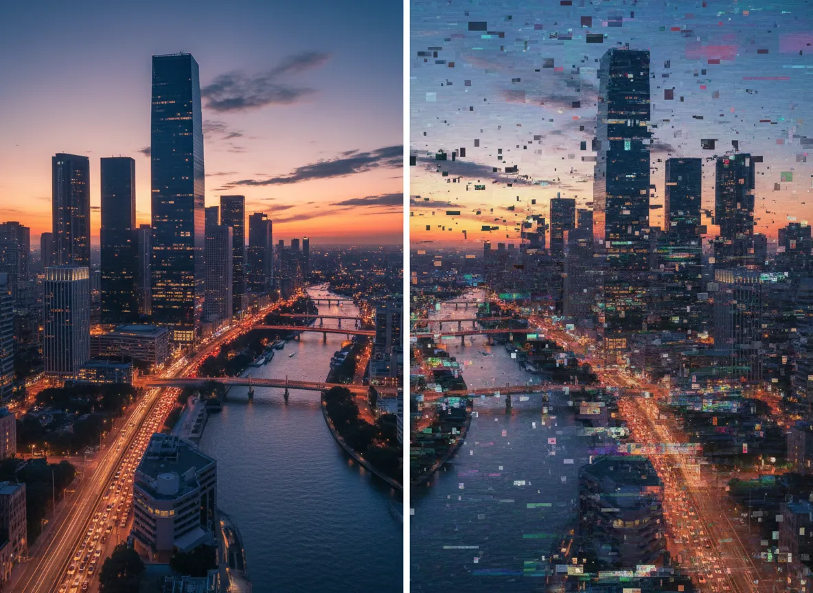Side-by-side comparison showing a standard photo of a cityscape transformed into a Glitch Art piece with heavy datamoshing and pixelation.
