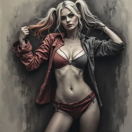 colourful Charcoal sketch of a naked, nude, alluring Harley Quinn, naked with soft, blended strokes, emphasizing contrasts between light and shadow. Capture the mood with dramatic chiaroscuro effects,