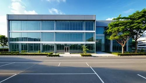 an empty parking lot in front of a building,metaldyne,glass facade,office building,glass building,headoffice,modern office,Photography,General,Realistic