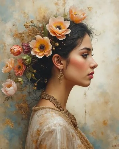 a painting of a woman with flowers in her hair,girl in flowers,beautiful girl with flowers,mystical portrait of a girl,romantic portrait,girl in a wreath,wreath of flowers