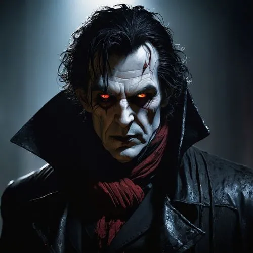 front shot of a sinister old vampire and mysterious character named Mortimer Black, a tall gaunt man with pale translucent skin, red glowing eyes  red light, messy black hair streaked with silver stra