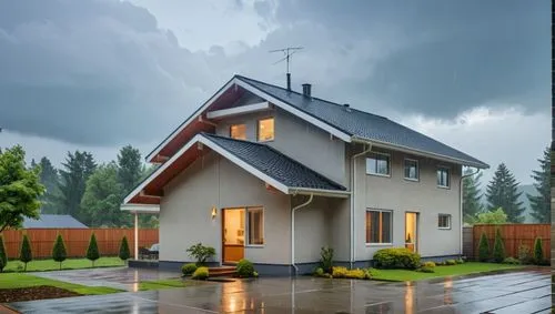 a house with a rain soaked walkway in the front yard,weatherboarding,house insurance,weatherproofing,prefabricated buildings,smart home,weatherization,weatherboard,heat pumps,home landscape,subdividin