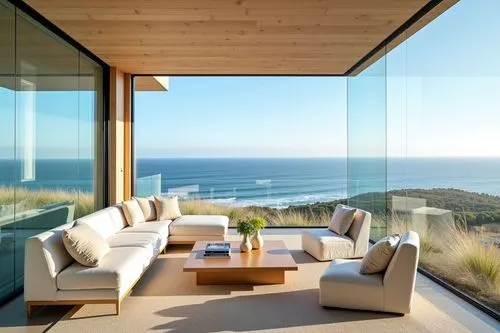 Design stunning glass-walled retreats harmonizing nature with modern elegance.,living room with large window view of ocean,dunes house,oceanfront,beach house,penthouses,ocean view,summer house,contemp