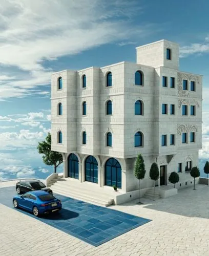 An ultra-realistic, photorealistic architectural visualization of the exact multi-story residential-commercial building shown in image_0.png. The scene is rendered in crisp, high-definition (8k resolu