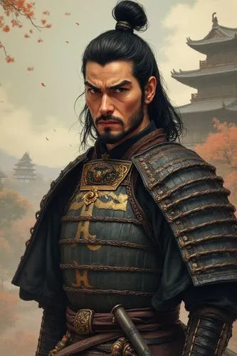Traditional samurai armor. Samurai traditional warrior. Helmet. In a japanese castle. Edo dinasty. Photo. Hyper-realistic image. Perfect. Japan paysage. Akira Kurosawa movie scene. Shogun.,a painting 