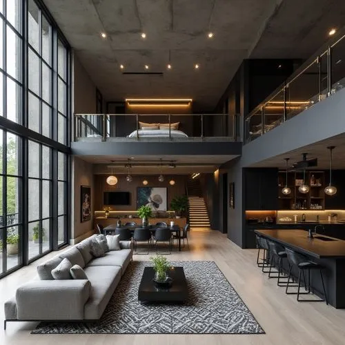 A modern industrial loft with an open-plan design, featuring a double-height living space with floor-to-ceiling windows that flood the interior with natural light, the lower level includes a spacious 
