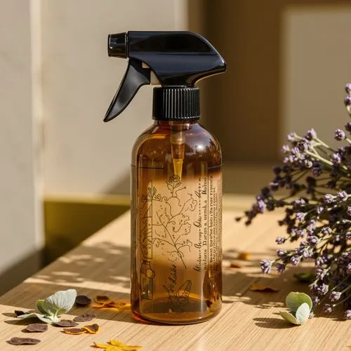 A spray bottle crafted from amber glass, sitting on a rustic wooden table surrounded by scattered dried herbs, lavender, and eucalyptus leaves. The bottle features a natural kraft paper label with ear