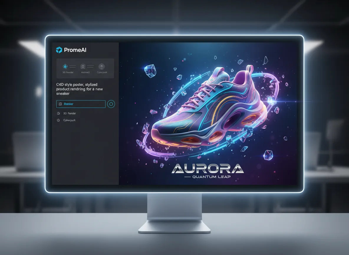 PromeAI का एक साफ़-सुथरा यूजर इंटरफ़ेस जिसमें 'C4D स्टाइल पोस्टर, एक नए स्नीकर के लिए स्टाइलिश उत्पाद रेंडरिंग' प्रॉम्प्ट के बगल में परिणामी उच्च-गुणवत्ता वाली छवि है।