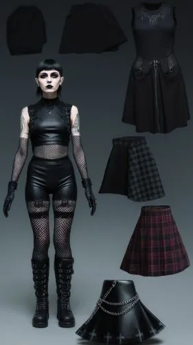 Goth Paper doll futuristic cyberpunk emp punk goth girl in black sleeveless shirt , black spandex shorts, complete full length fishnet and black goth knee Boots, standing surrounded by with a set of g