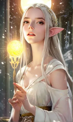 Elf Queen, Lord of Rings movie scene,  a 20-year old Japanese woman wearing low shoulder han dynasty dress is holding an orb glowing with an inner light-A Collection of AI-Generated Images and Artwork