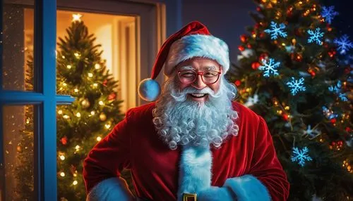 Christmas festive atmosphere, Santa Claus, red suit, white beard, glasses, joyful smile, gift boxes, snowflakes, Christmas tree, colorful lights, star on top, presents under tree, holly leaves, wreath