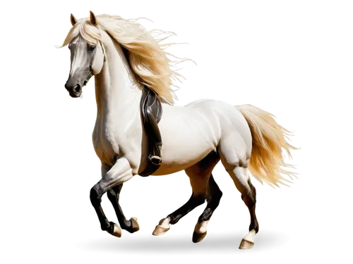 Majestic horse, white coat, flowing mane, bright brown eyes, muscular body, strong legs, horseshoes, galloping, dynamic pose, morning sunlight, soft focus, cinematic composition, warm color tone, shal