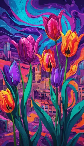 In a post-apocalyptic setting, describe a group of survivors finding hope in the discovery of a rare tulipan violet in a deserted city.,tulip background,tulips,tulip festival,violet tulip,tulip bouque