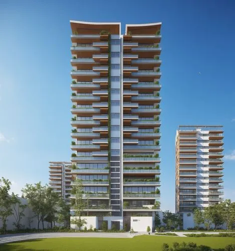 bird's eye view, sunny atmosphere, look at a modern style residential area on the balcony, building modern, technology, fashion, large balcony, ecological balcony, building materials are mainly glass 