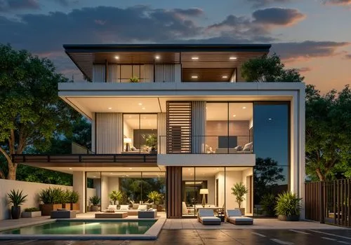 modern villa, swimming pool, teak wood pergola, living room with warm lighting can be seen inside thru a vitrocsa minimalist large windows with partially covering blinds, the fence is made of painted 