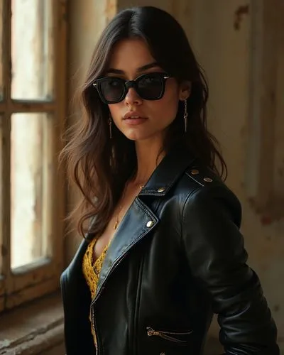 woman with sunglasses in black leather jacket near window,sunglasses,shades,aviators,sun glasses,color glasses,portrait background
