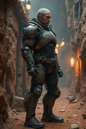 Science fiction scene. Space. Exploration robots, Mars. Living quarters with lights and headlights. Photo. Hyper-realistic image. Perfect.,a man with large gear standing in a rocky trail,war machine,j