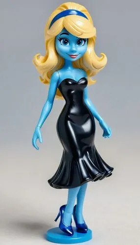 Beautiful blonde lady fashion designer, with blue skin and a long bob hairstyle, wearing silver shoes, and a black shoulderless midi dress with blue wavy lines, as a Peyo Smurf,smurfette,3d figure,rub