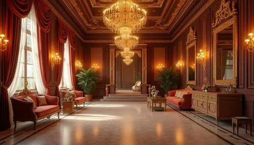 Opulent classicism interior, grand chandeliers, ornate sconces, warm golden lighting, rich velvet drapes, intricately carved wooden panels, gilded mirrors, luxurious marble floors, elegant staircases,