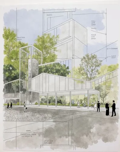 an architectural rendering of the outside of an office building,school design,glass facade,redevelopment,cantilevers,redevelop,redeveloped,prefabrication,glasshouse,glasshouses,architect plan,cantilev