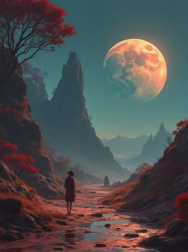 September bittersweet sadness. Alien planet. Style futurism


,the silhouette of a person standing in a desert area,lunar landscape,fantasy landscape,world digital painting,moonrise,valley of the moon